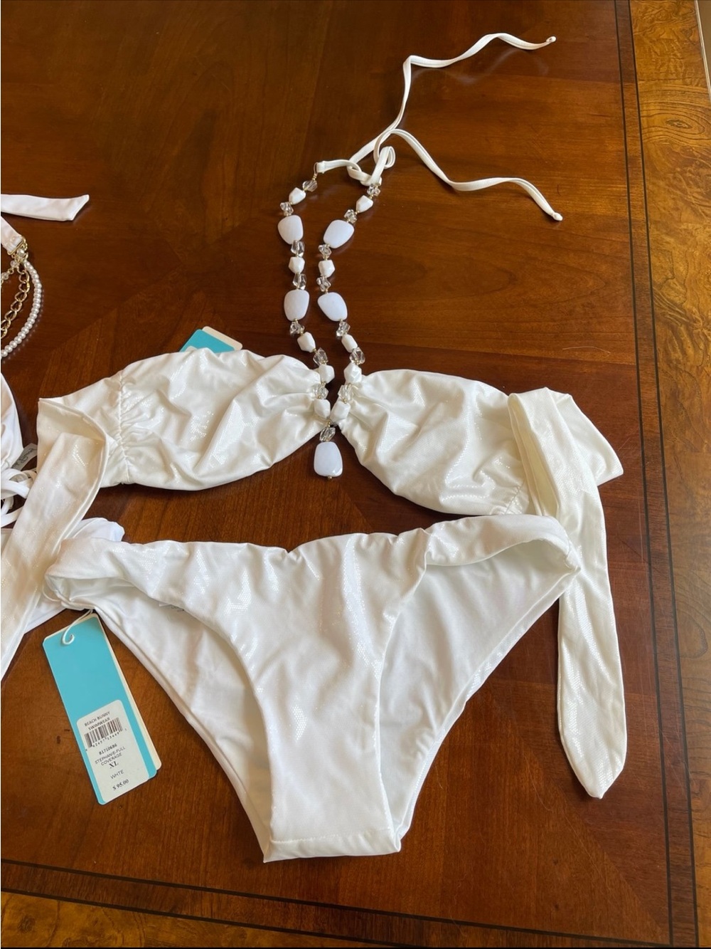 NWOT large top, XL bottoms halter white beaded bikini mermaid bikini - Picture 2 of 8